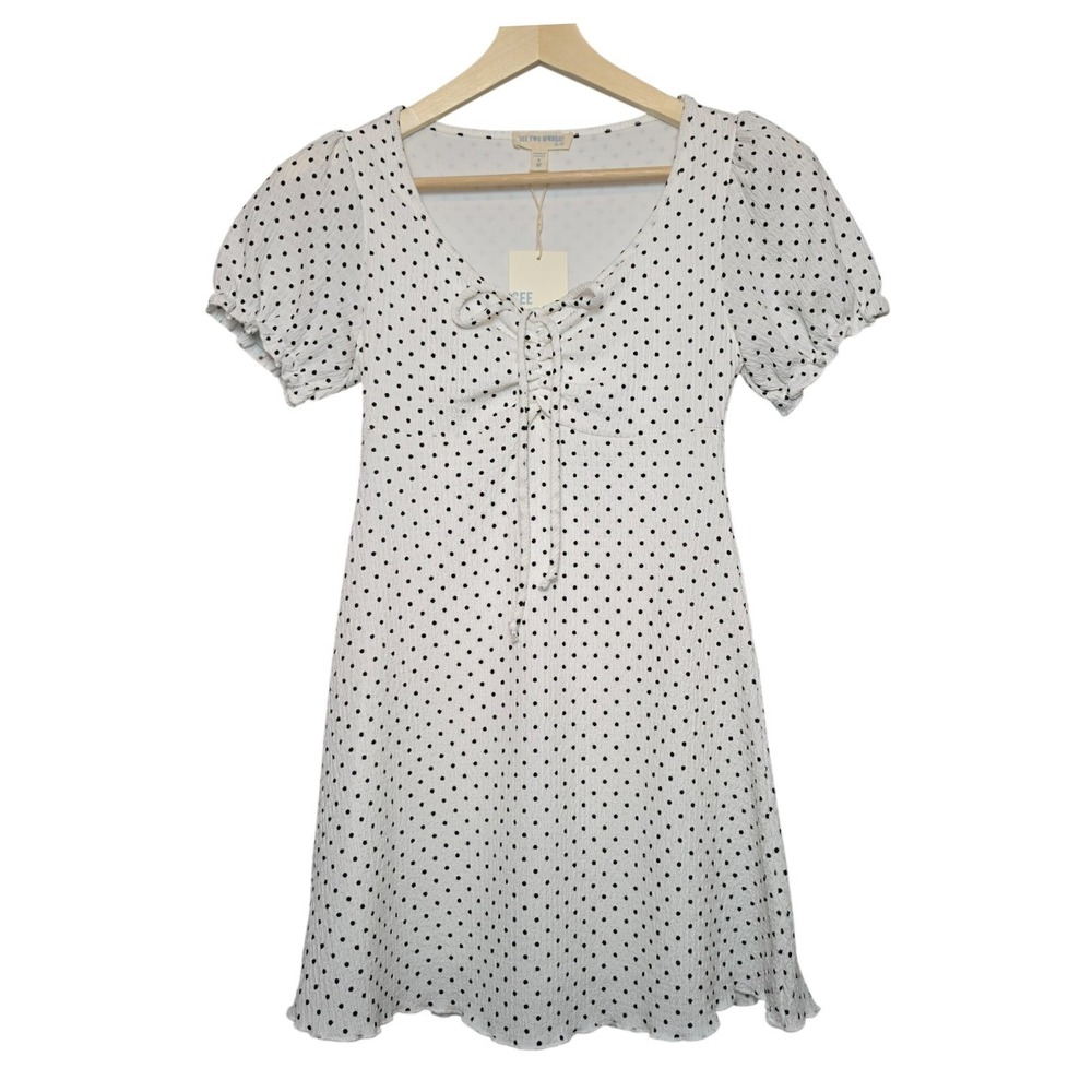 See You Monday Polka Dot Lace Up Puff Sleeve Mini Dress White Black Size Medium
